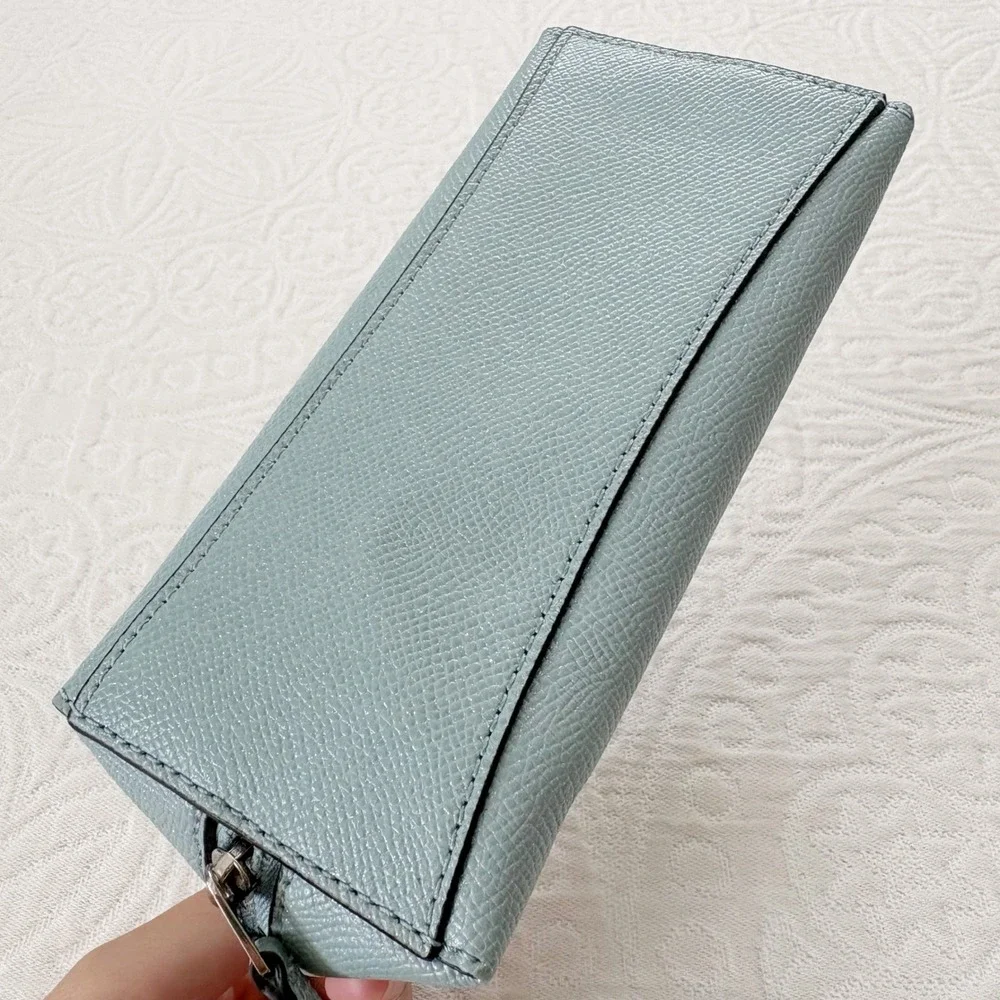 Coach Zippered Leather Makeup Pouch, Sky Blue Silver